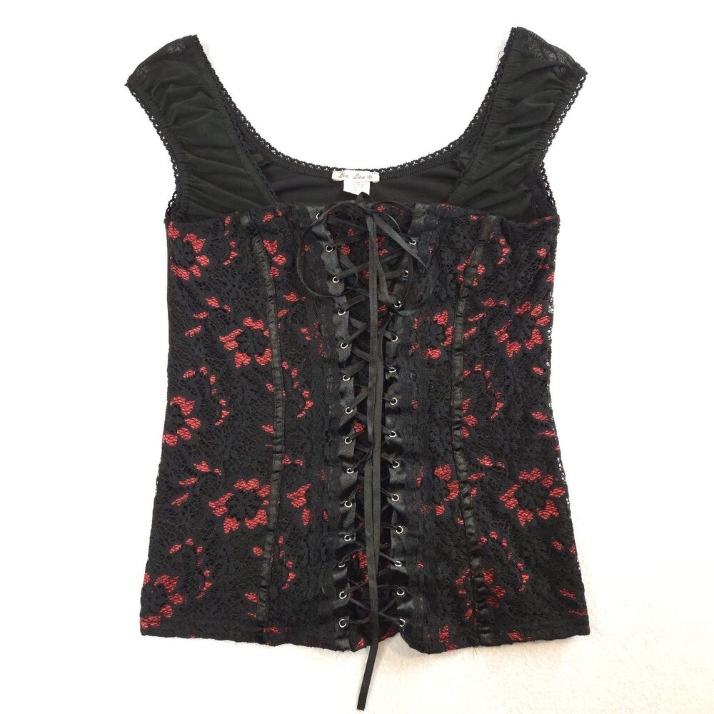 Lia Lee Lace Up Corset Top Sheer Sleeve M Whimsigoth Vamp Witchy Black Red Y2K